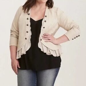 Torrid Military Style Beige Open Front Stretch Peplum Ruffle Jacket (2XL)